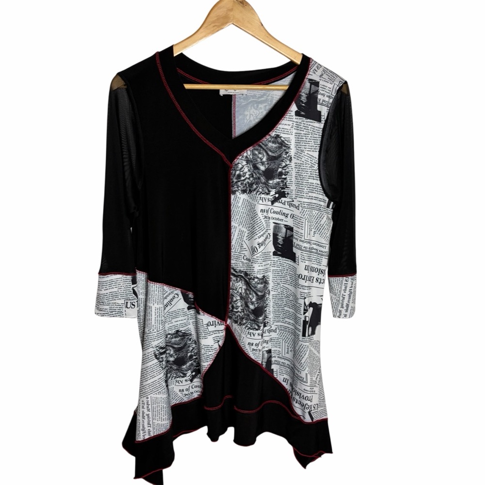 Y2K Cover Charge Black & White Newspaper & mesh Print Tunic USA